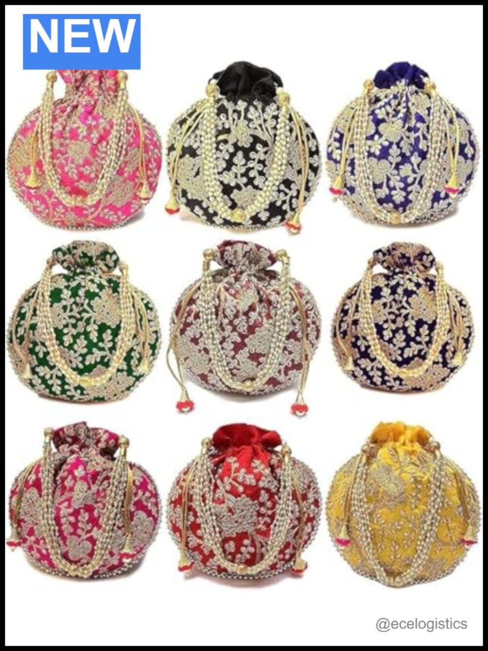 Embroidered Silk Potli Bags Bridal Clutch Purse Pearl Handles Drawstring